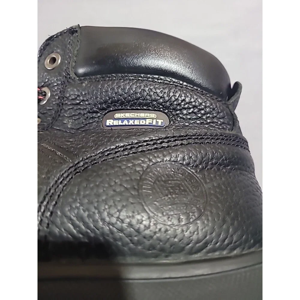 Skechers Relaxed Fit Steel Toe Black Leather Boots Men Size 9.5 Model 77009